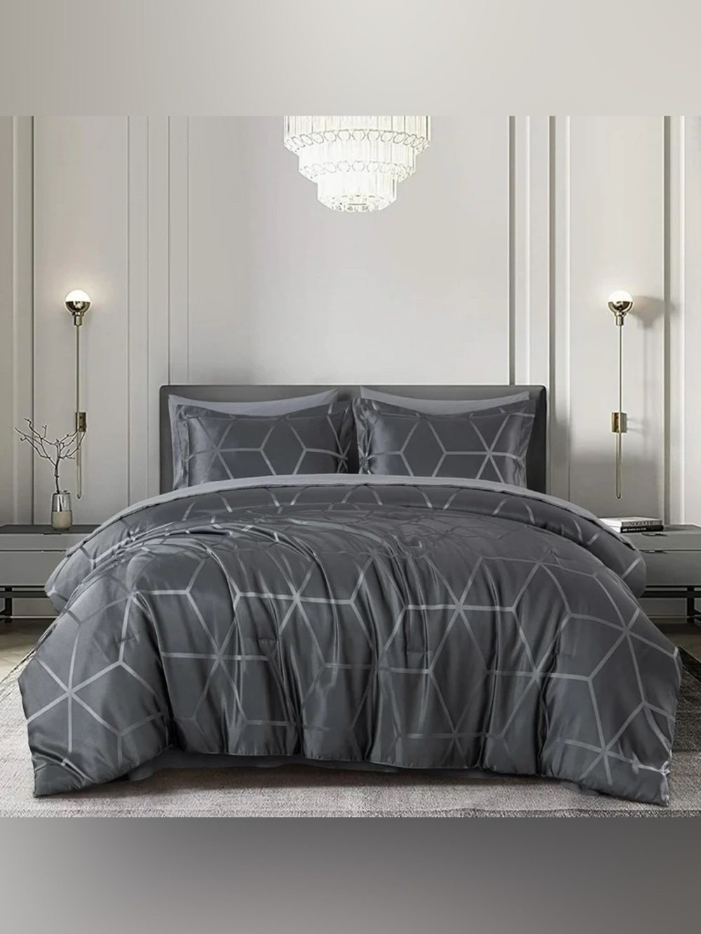 Premium Gray Geometric Queen 3 piece Comforter Set